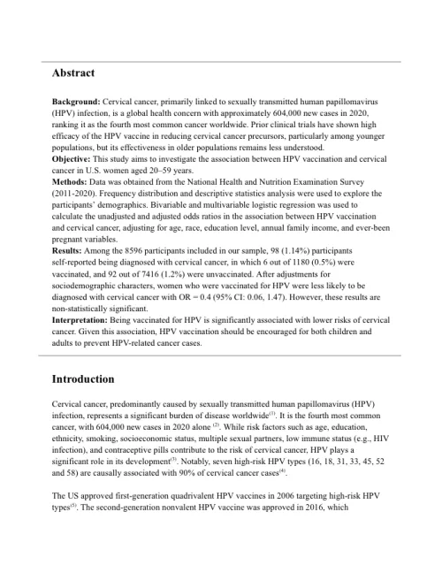 First page of the writing sample on HPV vaccination and cervical cancer